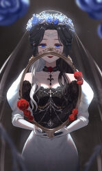  1girl absurdres bare_shoulders black_background black_choker black_dress black_hair blue_eyes blue_flower blue_rose bridal_veil bride choker circlet closed_mouth cowboy_shot cross dress drunken_rose_(shining_nikki) elbow_gloves eyelashes facial_tattoo flower flower_choker frilled_choker frills gloves happy head_wreath highres holding holding_mirror juliet_sleeves kohanai_setsuna lace-trimmed_dress lace_trim light_particles lipstick long_hair long_sleeves makeup mirror moonlight_vow_(shining_nikki) multicolored_hair nikki_(series) off-shoulder_dress off_shoulder puffy_sleeves red_flower red_lips red_rose revealing_layer rose see-through_clothes see-through_veil shining_nikki sidelocks smile solo standing straight-on tattoo three-quarter_sleeves two-tone_hair veil wavy_hair wedding_dress white_dress white_gloves white_hair 