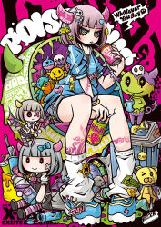  1girl absurdly_detailed_composition arm_tattoo bat_wings bendy_straw bob_cut can chain decora demon demon_boy demon_girl doll doll_hair_ornament drink_can drinking drinking_straw emoji_hair_ornament english_text engrish_text frutiger_metro gyaru highres horns imp jitome leg_tattoo lock monster original padlock profanity project.c.k. punk ranguage rokku_gyaru screw shorts sitting skull slime_(substance) soda_can streetwear stuffed_animal stuffed_toy tattoo teddy_bear thumb_ring trash_can wings 