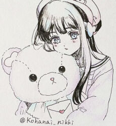  +_+ ai_(shining_nikki) beret black_hair blue_eyes dot_nose envelope eyelashes hat headphones heart highres holding holding_stuffed_toy hugging_object kohanai_setsuna light_blush long_hair long_sleeves love_letter nikki_(series) oversized_object parted_lips pink_hat puffy_long_sleeves puffy_sleeves purple_shirt sailor_collar school_uniform serafuku shining_nikki shirt sidelocks sparkling_eyes sprouting_love_(shining_nikki) stuffed_animal stuffed_toy teddy_bear traditional_media twitter_username white_sailor_collar 