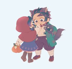 1girl 1other animal_costume animal_ears basket big_bad_wolf big_bad_wolf_(cosplay) blue_butterfly bug butterfly capelet cloak cosplay earrings full_body hanafuda_earrings highres holding holding_basket hood hood_up hooded_capelet hooded_cloak jewelry kamado_tanjirou kimetsu_no_yaiba kishimen_hair kochou_shinobu little_red_riding_hood_(fairy_tale) little_red_riding_hood_(fairy_tale_character) little_red_riding_hood_(fairy_tale_character)_(cosplay) original picnic_basket red_capelet red_cloak red_hood scar scar_on_face scar_on_forehead simple_background standing updo user_fhwv8447 wolf wolf_boy wolf_costume wolf_ears