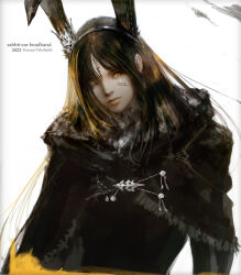  1girl 2023 animal_ear_hairband animal_ears artist_name black_hair blonde_hair chinese_zodiac closed_mouth facial_mark fake_animal_ears forehead_mark hairband light_smile long_hair multicolored_hair one_eye_closed original rabbit_ear_hairband rabbit_ears solo takahashi_kazuya two-tone_hair year_of_the_rabbit yellow_eyes yellow_lips 