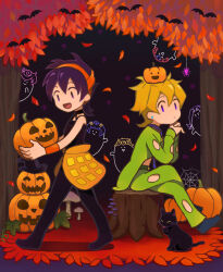  2boys black_cat black_hair black_pants black_shirt blonde_hair bruno_bucciarati bug cat closed_mouth earrings falling_leaves full_body ghost giorno_giovanna green_pants green_shirt guido_mista hairband hat jack-o&#039;-lantern jewelry jojo_no_kimyou_na_bouken leaf leone_abbacchio male_focus moisukii multiple_boys mushroom narancia_ghirga on_tree_stump open_mouth orange_hairband pannacotta_fugo pants pumpkin pumpkin_on_head shirt short_hair silk spider spider_web trish_una vento_aureo walking witch_hat 