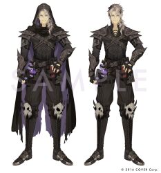  >:) 1boy alternate_costume arm_at_side armor belt belt_pouch black_armor black_belt black_boots black_cloak black_gloves black_hair black_nails black_pants black_shirt book book_holster boots clenched_hand cloak collarbone copyright_notice crimzon_ruze cross-laced_clothes cross-laced_top curtained_hair earrings fingerless_gloves flask gloves grey_hair hair_over_shoulder hand_on_own_hip highres holoarmis holostars holostars_english hood hood_up hooded_cloak jewelry knee_boots lace-up_boots looking_at_viewer low_ponytail male_focus medium_hair multicolored_hair multiple_belts nail_polish official_art pants parted_bangs pauldrons pointy_ears poleyn ponytail pouch purple_cloak sabaton sample_watermark semi_(p-poco) shirt shoulder_armor simple_background skull solo standing straight-on tareme thigh_pouch torn_cloak torn_clothes two-sided_cloak two-sided_fabric two-tone_hair v-shaped_eyebrows vambraces variations vial violet_eyes virtual_youtuber watermark white_background 