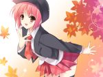  autumn happy hat highres leaf necktie pink_hair plaid sakura_musubi school_uniform short_hair smile suzuhira_hiro thighhighs wallpaper 