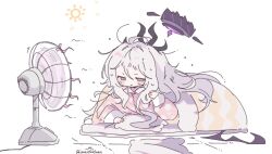  1girl ahoge black_halo blue_archive blush demon_girl demon_horns demon_wings halo hina_(blue_archive) hina_(pajamas)_(blue_archive) horns imaichichan indoors pajamas pink_pajamas polka_dot polka_dot_pajamas solo sweat violet_eyes wings 