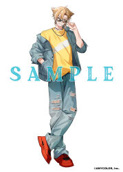  1boy adjusting_eyewear ahoge black_choker blue_jacket blue_pants brown-tinted_eyewear brown_eyes brown_hair buttons choker closed_mouth collared_jacket commentary_request company_name copyright_notice denim denim_jacket earrings eyeliner fushimi_gaku hair_between_eyes hand_up hinatsu jacket jeans jewelry long_hair long_sleeves looking_at_viewer low_ponytail makeup male_focus necklace nijisanji official_art open_clothes open_jacket pants parted_bangs ponytail red_eyeliner red_shoes sample_watermark shirt shoes smile sneakers solo standing sunglasses t-shirt tinted_eyewear torn_clothes torn_pants virtual_youtuber watermark yellow_shirt 