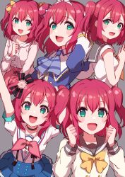  1girl absurdres birthday blush commentary cream_(nipakupa) green_eyes grey_background highres kurosawa_ruby looking_at_viewer love_live! love_live!_sunshine!! medium_hair multiple_views red_hair school_uniform sidelocks two_side_up upper_body uranohoshi_school_uniform 