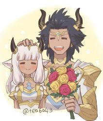  1boy 1girl animal_ears ash_(borrowed_power)_(fire_emblem) ash_(fire_emblem) askr_(fire_emblem) black_horns breasts cow_boy cow_ears cow_girl cow_horns dark-skinned_female dark_skin earrings father_and_daughter fire_emblem fire_emblem_heroes highres horns jewelry medium_breasts official_alternate_costume smile tea6043 white_hair 
