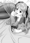  1girl bed black_legwear blush breasts chin_rest cup dress highres lips long_hair looking_at_viewer lying monochrome on_side original pantyhose ribbon smile solo yui_toshiki 