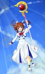  467 467_(artist) brown_hair cloud flying happy highres mahou_shoujo_lyrical_nanoha open_mouth purple_eyes raising_heart ribbon short_twintails skirt sky solo takamachi_nanoha twintails 