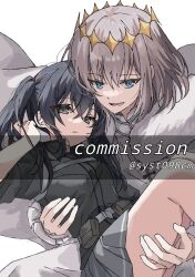  1boy 1girl :d artist_name belt belt_pouch black_eyes black_hair black_shirt blue_eyes bob_cut borrowed_character cape carrying chest_belt closed_mouth commentary_request commission cosplay couple diamond_(shape) expressionless fate/grand_order fate_(series) floating_cape fujimaru_ritsuka_(female) fujimaru_ritsuka_(female)_(polar_chaldea_uniform) fujimaru_ritsuka_(female)_(polar_chaldea_uniform)_(cosplay) fur-trimmed_cape fur_trim grey_belt grey_hair grey_skirt hand_up hetero highres korean_commentary long_hair looking_at_viewer mandarin_collar miniskirt oberon_(fate) oberon_(second_ascension)_(fate) oc_x_canon open_mouth original pleated_skirt pouch princess_carry shirt short_hair simple_background skirt sleeves_pushed_up smile syst098 twintails watermark white_background white_cape 