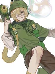  1boy backpack bag baiyu_whiteyu bandage_over_one_eye bandaged_head bandages blonde_hair brown_shorts bubble_gun bucket_hat florian_brand florian_brand_(leonard) frog frog_charm frog_hat green_eyes green_hoodie hat hood hoodie looking_at_viewer male_focus shorts solo tied_hoodie_strings tongue tongue_out wavy_hair 