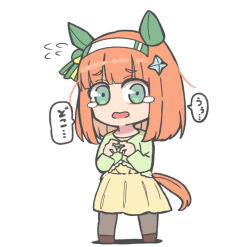  1girl alternate_hair_length alternate_hairstyle animal_ears brown_pantyhose brown_shoes chibi dress flying_sweatdrops full_body green_eyes green_jacket hairband hands_up horse_ears horse_girl horse_tail jacket kawamochi_(tddm3573) long_sleeves looking_at_viewer orange_hair own_hands_together pantyhose shadow shoes silence_suzuka_(umamusume) simple_background solo tail tears translation_request umamusume white_background white_hairband yellow_dress 