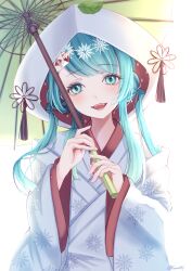  1girl a_tento64 aqua_eyes aqua_hair blush hair_between_eyes hair_ornament hatsune_miku highres holding holding_umbrella hooded_kimono japanese_clothes kimono long_hair looking_at_viewer open_mouth shiromuku simple_background smile snowflake_print uchikake umbrella vocaloid wataboushi white_background white_kimono yuki_miku yuki_miku_(2013) 