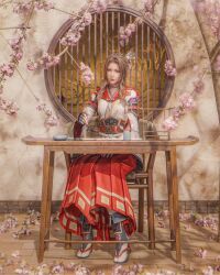  1girl 3d aerith_gainsborough aerith_gainsborough_(kamura_dress) architecture breasts choker cosplay desk drayqin east_asian_architecture final_fantasy final_fantasy_vii final_fantasy_vii_ever_crisis flower full_body hakama hakama_pants hand_on_lap highres hinoa hinoa_(cosplay) japanese_clothes jewelry light_smile medium_breasts monster_hunter_(series) monster_hunter_rise necklace official_alternate_costume official_alternate_hairstyle pants parted_bangs pink_flower red_hakama red_lips sandals sidelocks sitting solo tooth_necklace updo wooden_floor writing 