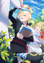  1boy 1girl :d absurdres ahoge black_shirt blonde_hair bouquet brother_and_sister closed_eyes clouds comfey commentary_request day fanny_pack gladion_(pokemon) highres hood hooded_vest hoodie lillie_(pokemon) mocacoffee_1001 open_mouth outdoors pants pleated_skirt pokemon pokemon_(creature) pokemon_sm red_bag shirt short_hair short_sleeves siblings silvally skirt sky smile teeth tongue torn_clothes torn_shirt umbreon upper_teeth_only vest 
