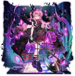  1girl alternate_costume ascot bandage_on_thigh bandaged_hand bandages black_boots black_corset black_dress black_wings boots closed_mouth corset crinoline dress expressionless eyepatch feathered_wings flower frilled_ascot frills full_body game_cg goth_fashion halberd hata_no_kokoro high_heel_boots high_heels highres holding holding_polearm holding_weapon lace-up_boots long_hair looking_at_viewer mask medical_eyepatch neck_flower official_art pink_eyes pink_hair polearm purple_flower purple_rose red_ascot red_flower red_rose rose rotte_(1109) solo third-party_source thorns touhou touhou_lostword transparent_background unworn_mask very_long_hair weapon wings 