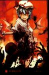  bat_wings blood bow hands hat highres orange_eyes purple_hair remilia_scarlet shimadoriru short_hair solo touhou wings 