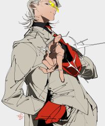  1boy absurdres black_eyes black_shirt coat collared_shirt contrapposto hair_slicked_back hand_in_pocket highres kinako_(marubotan) looking_at_viewer male_focus mullet necktie red_necktie shirt smirk snapping_fingers solo tinted_eyewear to_be_hero to_be_hero_x white_coat white_hair x_(symbol) x_(to_be_hero_x) yellow-tinted_eyewear 