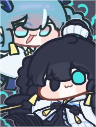  1boy 1girl arknights black_hair blue_eyes blue_hair chinese_clothes dragon_horns e.g.o_(project_moon) hair_ornament highres hong_lu_(project_moon) horns limbus_company ling_(arknights) littlesoin multicolored_eyes project_moon smile 