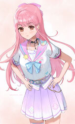  1girl :t annoyed bare_arms belt black_choker blue_bow blue_bowtie blunt_bangs bow bowtie brooch brown_eyes buckle butterfly_choker chain_belt choker closed_mouth collarbone cowboy_shot dimensional_leap_(shining_nikki) eyelashes gradient_background hair_bow hands_on_own_hips heart heart-shaped_buckle high-waist_skirt highres jewelry kohanai_setsuna light_blush long_hair long_sidelocks midriff_peek miniskirt nikki_(nikki) nikki_(series) orange_background pink_bow pink_hair pink_sailor_collar pleated_skirt pout purple_skirt rainbow_print sailor_collar school_uniform serafuku shining_nikki shirt short_sleeves sidelocks simple_background skirt sleeve_belt solo star_brooch twitter_username two-tone_background very_long_hair wavy_hair white_background white_belt white_shirt 
