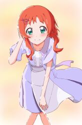  1girl blue_dress blush collared_dress commentary dress green_eyes hair_ornament hairclip hand_in_own_hair hand_on_own_knee highres inukai_iroha kayabakoro leaning_forward medium_dress medium_hair parted_lips precure red_hair short_sleeves smile solo wind wonderful_precure! yellow_background 