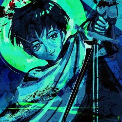  absurdres black_coat black_eyes black_hair coat cross green_background green_light green_moon highres holding holding_sword holding_weapon kai_angel light_smile moon smile sparkling_eyes sword urennnii viperr weapon zavet 