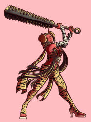  animal_print anjell_o bare_shoulders bead_necklace beads black_hair blunt_bangs blunt_ends bow bridal_gauntlets club_(weapon) colored_skin fingernails full_body hair_bow high_heels highres holding holding_weapon horns jewelry kanabou long_fingernails necklace o-ring oni original pink_background red_oni red_skin skull spiked_club standing tiger_print weapon yellow_eyes zebra_print 