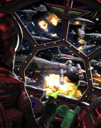  1other ambush battle control_panel_overlay darren_tan energy_cannon explosion glass_cockpit highres pilot planet solo space spacecraft spacecraft_interior star_wars starfighter t-65_x-wing tie_fighter x-wing y-wing 