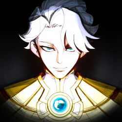  1boy :d athenzu blue_eyes brooch capelet curtained_hair evil_eyes grin highres jewelry looking_at_viewer male_focus nice_(to_be_hero_x) portrait red_pupils short_hair smile solo spotlight to_be_hero to_be_hero_x white_hair 