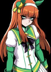  1girl animal_ears black_bow blunt_bangs bow closed_mouth collar commentary_request ear_covers green_collar green_eyes green_sleeves hairband highres horse_ears horse_girl jacket long_hair looking_at_viewer makeup mascara nagainegi orange_hair silence_suzuka_(innocent_silence)_(umamusume) silence_suzuka_(umamusume) skirt solo umamusume white_hairband white_jacket white_skirt 