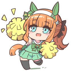 1girl :d animal_ears arm_up black_thighhighs blue_eyes blush_stickers bow cheerleader chibi colored_shadow full_body green_bow green_shirt green_skirt hairband highres horse_ears horse_girl horse_tail kawamochi_(tddm3573) notice_lines orange_hair pleated_skirt pom_pom_(cheerleading) ponytail shadow shirt silence_suzuka_(umamusume) simple_background skirt sleeveless sleeveless_shirt smile solo standing standing_on_one_leg tail thick_eyebrows thigh-highs umamusume white_background white_hairband 