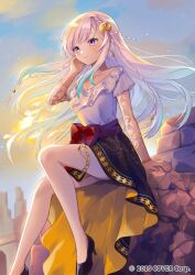  1girl airani_iofifteen airani_iofifteen_(indonesian_casual) black_shoes blue_hair bow bracelet braid brown_skirt commentary_request copyright_notice floating_hair frilled_shirt frills gold_trim gradient_hair high-low_skirt high_heels hololive hololive_indonesia indonesian_clothes jewelry lace lace_sleeves layered_sleeves long_hair long_skirt long_sleeves multicolored_hair myaco9 official_alternate_costume official_alternate_hairstyle official_art outdoors palette_hair_ornament pink_hair pink_shirt red_sash sash see-through_clothes see-through_sleeves shirt shoes short_over_long_sleeves short_sleeves side_braids sidelocks sitting skirt solo swept_bangs thighlet two-sided_fabric two-sided_skirt violet_eyes virtual_youtuber waist_bow 