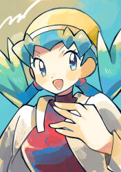  1girl :d anidler91 blue_eyes blue_hair eyelashes hat highres jacket kris_(pokemon) long_sleeves open_clothes open_jacket open_mouth pokemon pokemon_gsc red_shirt shirt smile solo twintails upper_body white_jacket yellow_hat 