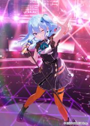  1girl ;d asymmetrical_sidelocks black_boots black_choker black_dress blue_eyes blue_hair boots bow bow_earrings choker collared_dress commentary_request concert constellation copyright_notice double-parted_bangs dress earrings garter_straps green_ribbon grin hair_between_eyes hair_ribbon holding holding_microphone hololive hoshimachi_suisei hoshimachi_suisei_(casual) jewelry lace lace-up_boots lace_choker lace_sleeves long_hair looking_at_viewer microphone microphone_stand nail_polish neck_ribbon o-ring o-ring_thigh_strap official_alternate_costume official_alternate_hairstyle official_art one_eye_closed one_side_up orange_nails orange_pantyhose outstretched_arm pantyhose pointing pointing_up pompocy ribbon short_sleeves sidelocks single_garter_strap single_wrist_cuff smile solo star_(symbol) star_in_eye symbol_in_eye thigh_strap virtual_youtuber wrist_cuffs 