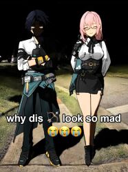  1boy 1girl asaba_harumasa black_necktie black_shoes black_skirt blue_hair blush breasts closed_eyes closed_mouth collared_shirt dress_shirt english_text full_body hair_between_eyes high-waist_skirt large_breasts long_hair looking_at_viewer meme meme_request necktie pants pencil_skirt pink_hair sabu97564 semi-rimless_eyewear shirt shoes short_hair sidelocks skirt standing tsukishiro_yanagi under-rim_eyewear white_shirt why_dis_ninja_look_so_mad_(meme) yellow_eyes zenless_zone_zero 