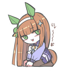  1girl :d animal_ears bow brown_hair brown_pantyhose chibi full_body green_eyes hairband horse_ears horse_girl horse_tail kawamochi_(tddm3573) long_hair long_sleeves looking_at_viewer pantyhose pleated_skirt puffy_long_sleeves puffy_sleeves purple_shirt purple_skirt school_uniform seiza shirt silence_suzuka_(umamusume) simple_background sitting skirt smile solo tail tracen_school_uniform translation_request umamusume very_long_hair white_background white_bow white_hairband 