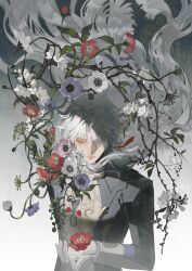  1boy absurdres arm_up bandaged_hand bandages black_jacket blade_(honkai:_star_rail) bud camellia chinese_clothes chinese_commentary closed_eyes closed_mouth commentary_request earrings floating_hair flower gradient_background grey_background guaisanmu hair_between_eyes hair_intakes hand_up highres honkai:_star_rail honkai_(series) jacket jewelry long_hair long_sleeves male_focus mandarin_collar parted_bangs plant purple_flower red_flower solo upper_body very_long_hair vines white_background white_flower white_hair yingxing_(honkai:_star_rail) 