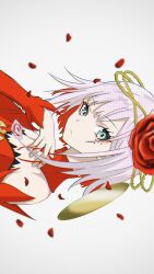  1girl absurdres bare_shoulders colored_inner_hair cosette_schneider crown_of_thorns destiny_(takt_op.) detached_collar detached_sleeves dress eyeshadow facial_mark flower flower-trimmed_dress grey_background hair_flower hair_ornament highres makeup multicolored_hair red_dress red_eyeshadow red_flower red_hair red_rose rose sideways simple_background solo takt_op. un1rock white_hair 