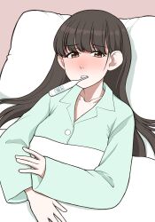  1girl black_hair brown_eyes commentary_request hayashio_(kancolle) highres kantai_collection long_hair mole mole_under_eye nemu_(nemurakka) pajamas pillow sick solo thermometer_in_mouth upper_body 