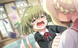  2girls =_= ahoge anna_mel artist_request black_dress black_jacket blonde_hair blush breast_pocket card chair clenched_hands collared_jacket crying daito_academy_school_uniform day dot_nose dress dutch_angle fingernails floating_card game_cg gold_buttons green_hair hands_on_another&#039;s_shoulders highres indoors jacket kamihama_university_affiliated_school_uniform layered_sleeves long_sleeves magia_record:_mahou_shoujo_madoka_magica_gaiden mahou_shoujo_madoka_magica mahou_shoujo_madoka_magica_magia_exedra multiple_girls nail_art nape_braid neck_ribbon official_art open_mouth plant pocket ponytail potted_plant red_ribbon red_sailor_collar ribbon sad sailor_collar school_uniform shirt short_hair short_over_long_sleeves short_sleeves solo_focus table tarot tarot_card teardrop tile_floor tiles togame_momoko white_shirt window 
