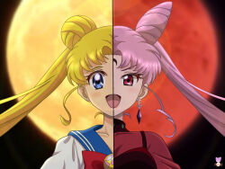  1girl absurdres aged_up bishoujo_senshi_sailor_moon black_lady_(sailor_moon) blonde_hair blue_eyes blue_sailor_collar bow bowtie chibi_usa collarbone cone_hair_bun crescent crescent_facial_mark dark_persona double_bun earrings facial_mark forehead_mark hair_bun highres jewelry juuban_middle_school_uniform lips long_hair nyahoekaki1 parted_bangs pink_hair raised_eyebrows red_bow red_bowtie red_eyes sailor_collar school_uniform smile solo split_image stud_earrings transformation_brooch_(sailor_moon) tsukino_usagi twintails v-shaped_eyebrows 