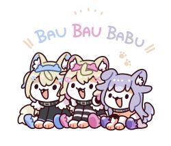  3girls absurdres animal_ear_fluff animal_ears blonde_hair blue_hair chibi dog_ears dog_girl fang fuwawa_abyssgard fuwawa_abyssgard_(1st_costume) hair_ornament hairband highres hololive hololive_english koseki_bijou koseki_bijou_(1st_costume) long_hair mochigome_(h0_pj) mococo_abyssgard mococo_abyssgard_(1st_costume) multicolored_hair multiple_girls open_mouth pink_hair purple_hair siblings simple_background sisters sitting streaked_hair tail twins virtual_youtuber white_background 