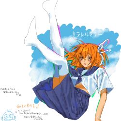  1girl a.i._voice adachi_rei blue_neckerchief blue_sailor_collar blue_skirt hair_ribbon highres hirune_(suiminbusoku118) legs_up neckerchief no_shoes orange_eyes orange_hair parted_lips pleated_skirt ribbon sailor_collar sailor_shirt school_uniform serafuku shirt short_sleeves skirt solo summer_uniform thigh-highs utau white_shirt white_thighhighs 