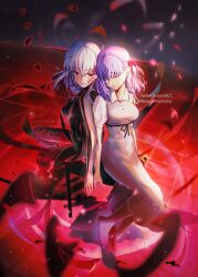  black_dress closed_eyes collared_dress dark dark_sakura dress fate/stay_night fate_(series) heaven&#039;s_feel matou_sakura multiple_persona niarss on_floor short_sleeves side-by-side sitting sundress twitter_username white_dress 