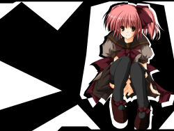 1girl 2000s_(style) anime_coloring archived_source arm_at_side back_bow bad_link black_background black_thighhighs bow breasts brown_sailor_collar brown_serafuku brown_shirt brown_skirt brown_sleeve_cuffs collared_shirt cross cross_print dot_nose facing_viewer footwear_bow full_body hair_ribbon horizontal-striped_clothes horizontal-striped_collar horizontal-striped_sleeve_cuffs knees_together_feet_apart large_bow large_ribbon mary_janes medium_breasts medium_hair neckerchief original parted_lips pink_hair platform_shoes pleated_skirt puffy_sleeves red_neckerchief red_ribbon red_shoes retro_artstyle ribbon sailor_collar school_uniform serafuku shinkichi_(usadama) shirt shoes short_sleeves simple_background skirt solo striped_clothes striped_collar striped_sleeve_cuffs teeth thigh-highs twintails two-tone_background white_background 