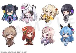  6+girls :d :o beret black_gloves black_hair black_kimono blue_eyes blue_hair blue_kimono blush_stickers brown_eyes brown_hair brown_hakama brown_hat cellphone character_request chibi closed_mouth commentary_request dog double_bun floral_print flower gloves goddess_of_victory:_nikke grey_hair hair_between_eyes hair_bun hair_flower hair_intakes hair_ornament hair_over_one_eye hakama hakama_skirt hat hat_flower holding holding_phone horns japanese_clothes kimono lace lace_gloves long_hair long_sleeves multicolored_hair multiple_girls non-humanoid_robot obi one_eye_closed own_hands_together parted_lips phone pink_flower print_kimono purple_kimono red_eyes red_flower red_hair red_kimono robot robot_animal sample_watermark sash simple_background skirt smile tilted_headwear totatokeke twintails two-tone_hair two_side_up very_long_hair watermark white_background white_hat white_kimono wide_sleeves 