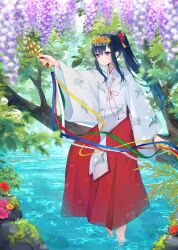  1girl absurdres alternate_costume bell black_hair blue_hair flower hair_flower hair_ornament hakama hakama_skirt highres hozumi_toki ichinose_uruha japanese_clothes jingle_bell kagura_suzu kimono leaf long_hair long_sleeves miko multicolored_hair ponytail purple_flower red_flower red_hakama sitting sitting_on_branch skirt soaking_feet solo streaked_hair tree violet_eyes virtual_youtuber vspo! water white_kimono wide_sleeves yellow_flower 