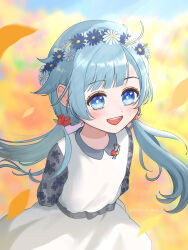  1girl arms_behind_back blue_eyes blue_flower blue_hair blunt_bangs blurry blurry_background bow bright_pupils brooch child collared_dress commentary_request cowboy_shot daisy_(flower) day dress eyelashes falling_petals field floating_hair floral_print flower flower_brooch flower_field grey_bow grey_shirt hair_flower hair_ornament happy head_wreath highres jewelry kohanai_setsuna light_rays long_hair looking_ahead low_twintails marina_(shining_nikki) nikki_(series) outdoors petals pinafore_dress print_shirt red_flower shining_nikki shirt sleeveless sleeveless_dress solo spring_(season) standing sunlight tareme tulip twintails twitter_username waist_bow white_dress white_flower white_pupils 