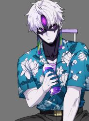  1boy belt blue_skirt bottle closed_mouth dandadan earrings enjoji_jin evil_eye_(dandadan) floral_print floral_print_skirt grey_background grey_pants holding holding_bottle jeon10457441 jewelry male_focus pale_skin pants possessed print_shirt print_skirt shirt short_hair short_sleeves sitting skirt solo third_eye upper_body violet_eyes white_hair 